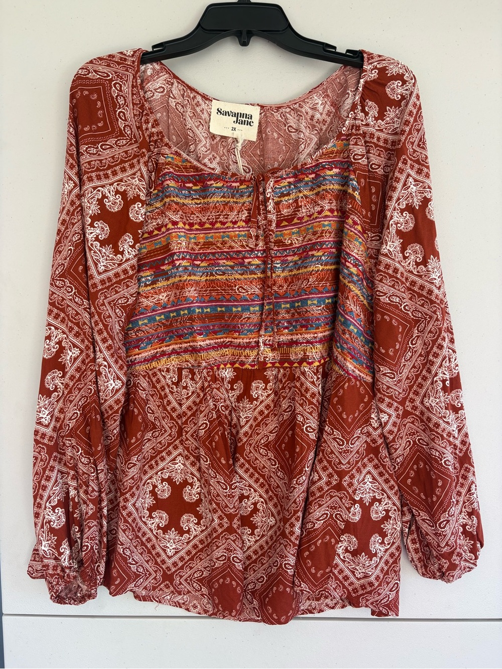 Savanna Jane Rust Bandana Print Embroidered Yoke Tunic